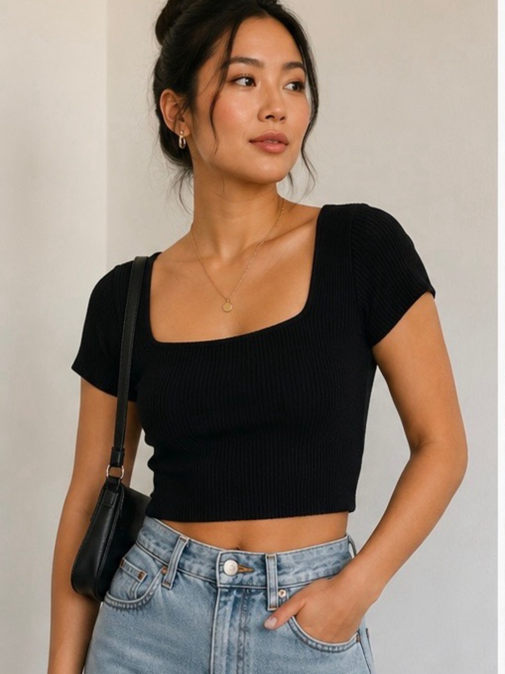Babaton Black Ribbed Square-Neck Crop Top